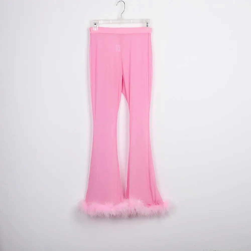 Сексуальные женские прозрачные сетчатые Широкие штаны с прозрачной отделкой из искусственного меха, штаны с высокой талией для ночного клуба - Цвет: pink pants