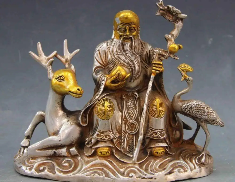 

9 Chinese Folk White Copper Silver Ride Deer Longevity Crane god Buddha Statue