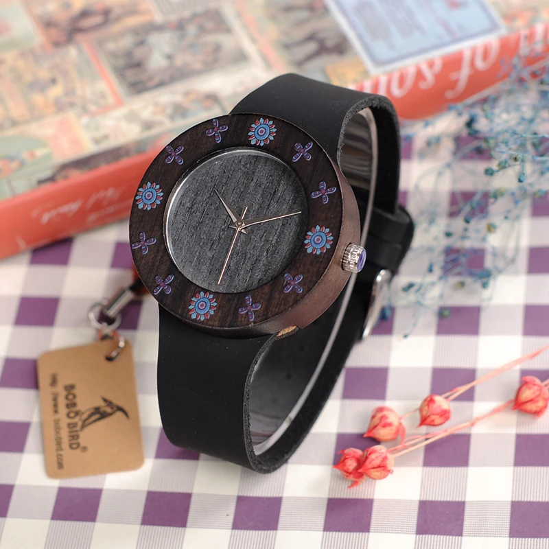 BOBO BIRD CbD25 Womens Ebony Vintage Round Wood Watch Leather Strap Ladies Bamboo Wood Watches Customize Watch for Men
