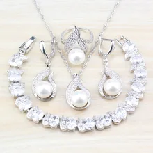 Свадебные 925 Серебряные настоящие натуральные пресноводные жемчужины CZ белые круглые Ювелирные наборы для женщин Свадебные наборы костюмов и бесплатный подарок