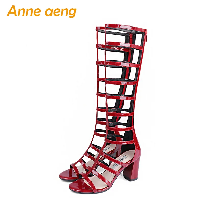 

summer women boots Knee-high Gladiator shoes block heel open-toe zip retro sexy ladies summer women shoes wine red size 33-44