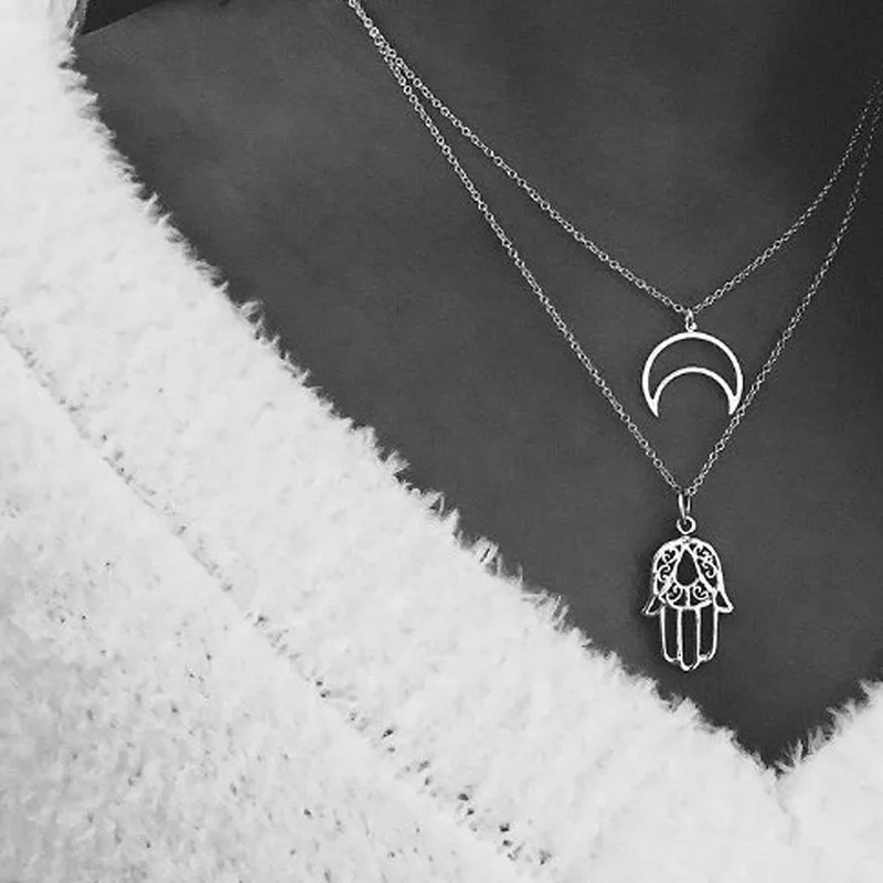 

Bohemia Layered Chain Necklaces For Women Punk Silver Moon Palm Necklace Jewelry Valentines Gitfs Collar Sieraden Kolye Collier