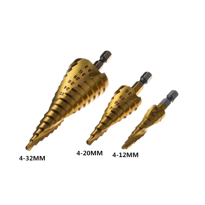 

ZENHOSIT 3Pcs Metric Hexagon Spiral Pagoda Shape Drill Bits 4-12/20/32mm High Speed Steel Cone Step Drill Bit Hole Cutter Set