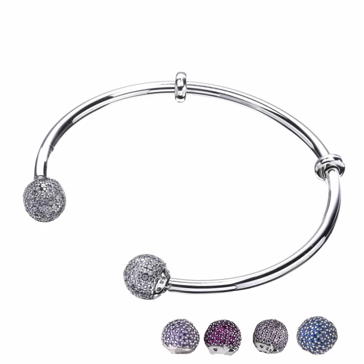 

2017 New listing Retro 100% 925 sterling silver 5-color zircon headed bead Bangle Bracelet Charms For Women panqiou jewelry