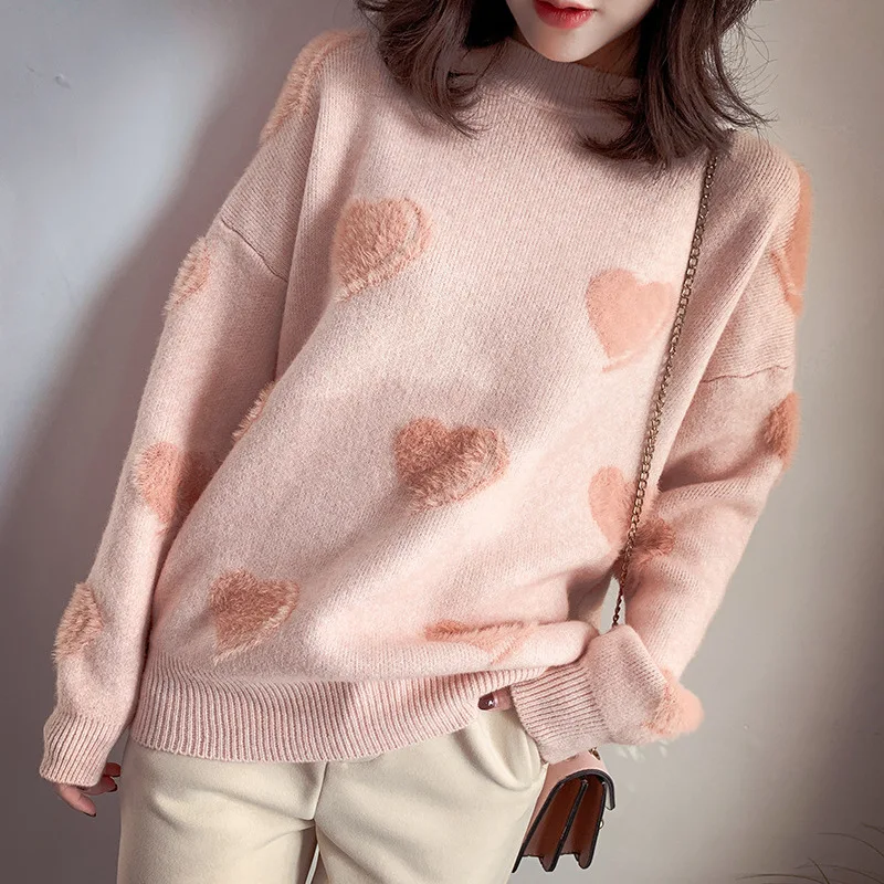 Autumn and Winter 2018 New Sweet Slim Loving Jacquard Knitted Shirt Angra with Mink Fur Loose Sweater |