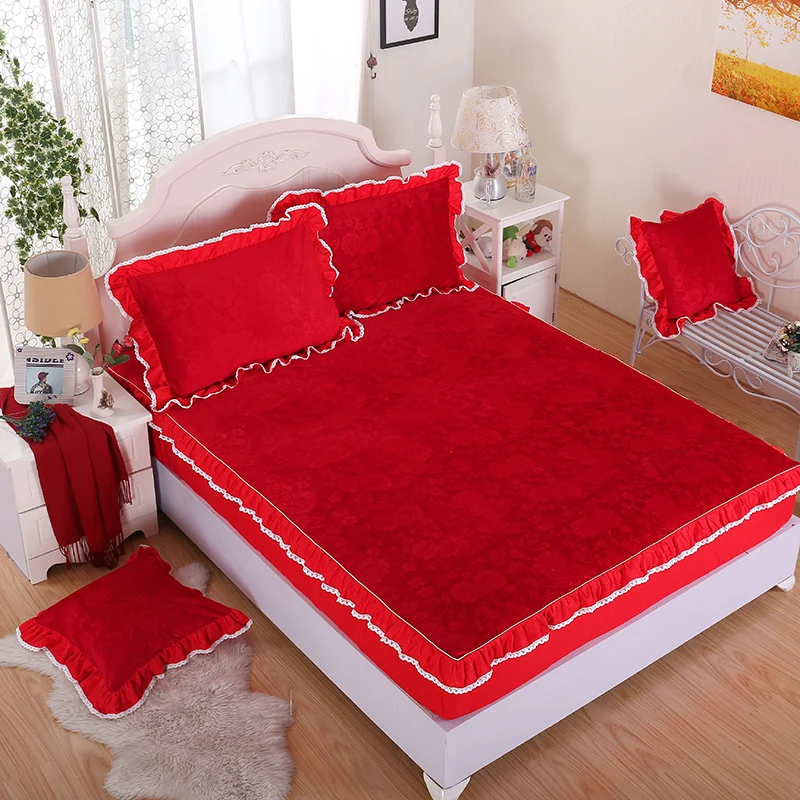 

Fashion Red wine crystal velvet home textiles bedding 3 Pcs fitted sheet pillowcases Pillowcaseed quilt cover + bed head cover