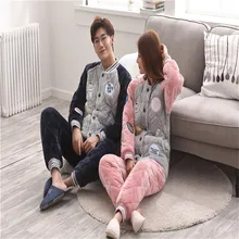 Зимний толстый теплый пара фланель клип хлопковые пижамы с длинными рукавами v-образным вырезом с надписью мягкий женский и мужской пижамы