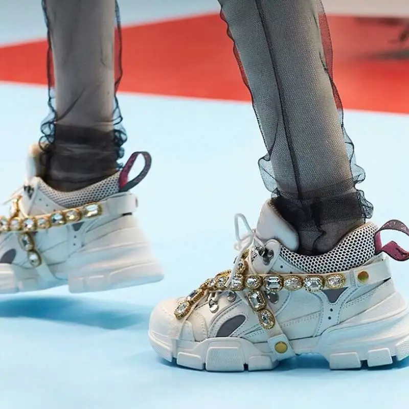 

Lace Up Cross Crystal Chain Decor Women Clunky Sneakers Leather Patchwork Mix Color White Casual Shoes Fashion Thick Sole Shoes