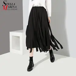 2018 корейский стиль Женский Черный Синий А-силуэт юбки с множеством лент эластичный пояс до середины икры Длина стильные уникальные