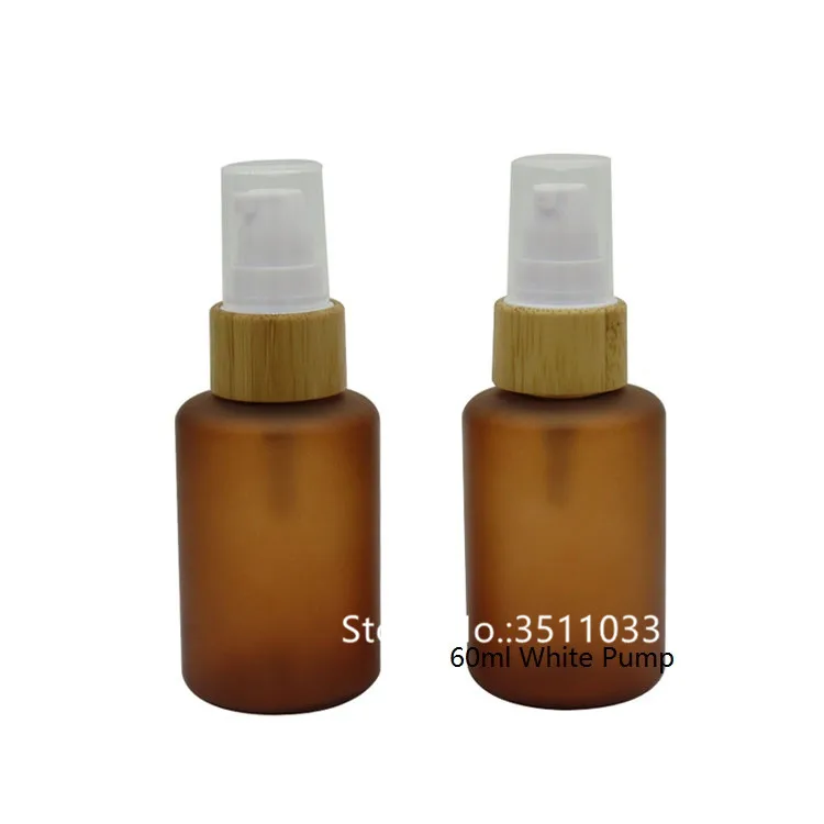 

24PCS Refillable Amber Brown Frosting PET Plastic Cream Pump Bottle Cosmetic Bamboo Bottle Lotion Pump Botttle Botella 60ml