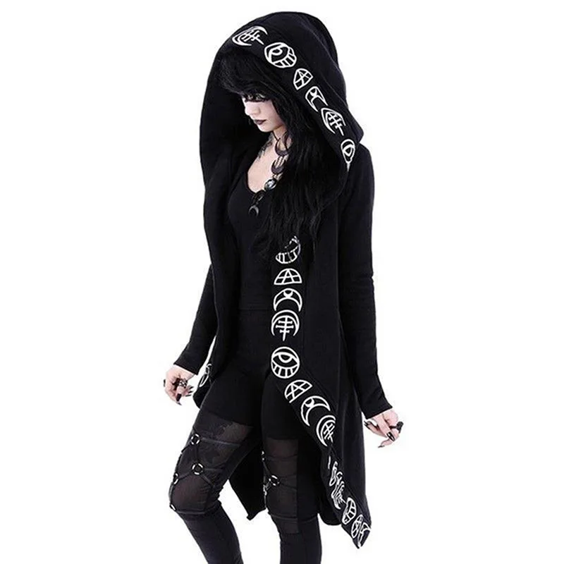 

Women Jacket Gothic Punk Hooded Witch Wizard Cosplay Female Black Hoodies Printed Front Open Outwear