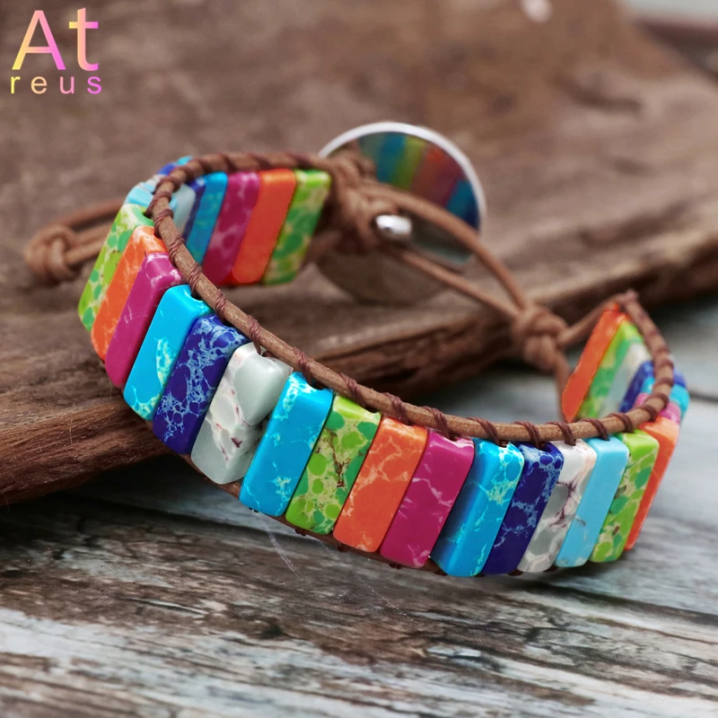 

Yoga Chakra Bracelet Jewelry Rainbow Natural Stone Tube Beads Leather Wrap Bracelet Couples bracelet pierre naturelle Gifts