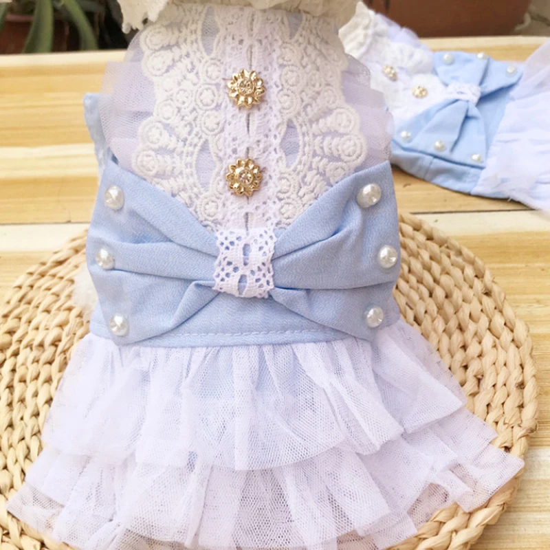 

Pet princess cotton dress spring summer cute cat clothes blue wear with bow lace new hot style comfort unusual XS/S/M/L/XL/XXL