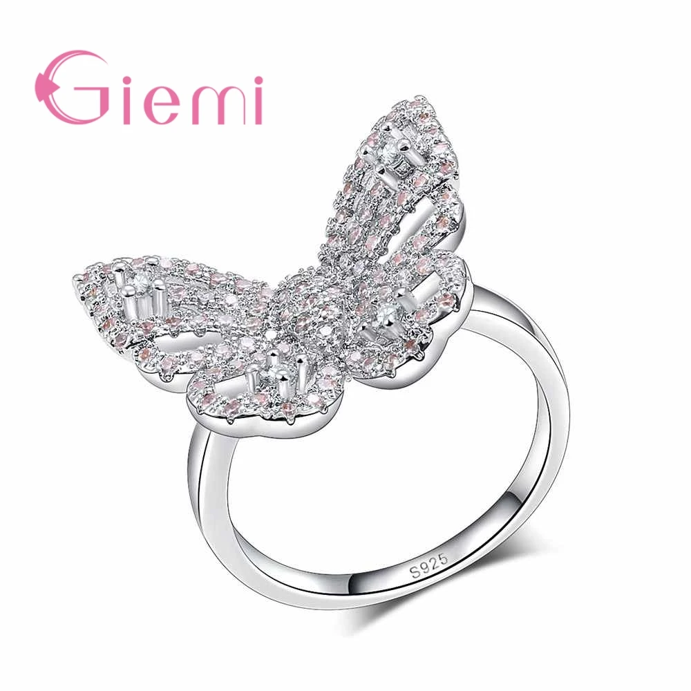 

GIEMI Animal Cute Small Sparkling Butterfly Flying Shape 925 Sterling Silver Rings For Women Christmas Gift Surprise