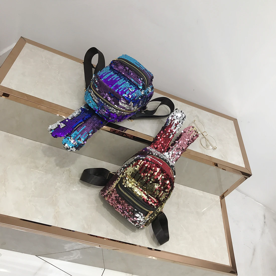 

Fashion Mini Shining Sequins School Backpack Women Rabbit Ears Rucksack Girl Cartoon Label Purse ZipperShoulder with Small Bag