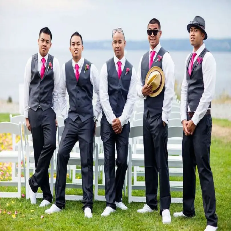 Charcoal Grey Wedding Vest and Pants For Groomsmen Clothes Slim Fit