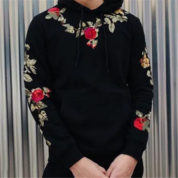 

Drop Shipping Hoodies Men Long Sleeve Warm Pullover Rose Floral Print Hooded Sweatshirt Male Hoodie Casual Sportswear Plus Size
