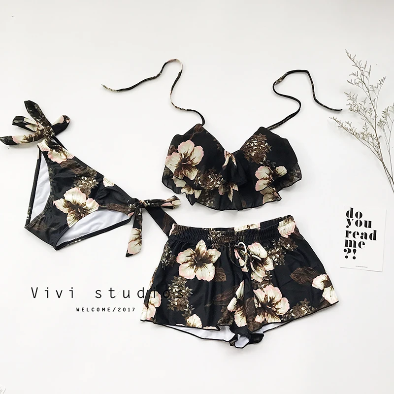 

2018 Top Hot Sale Big Flower Bikini Small Chest Gather Steel Support Conservative Swimsuit Female Three Sets