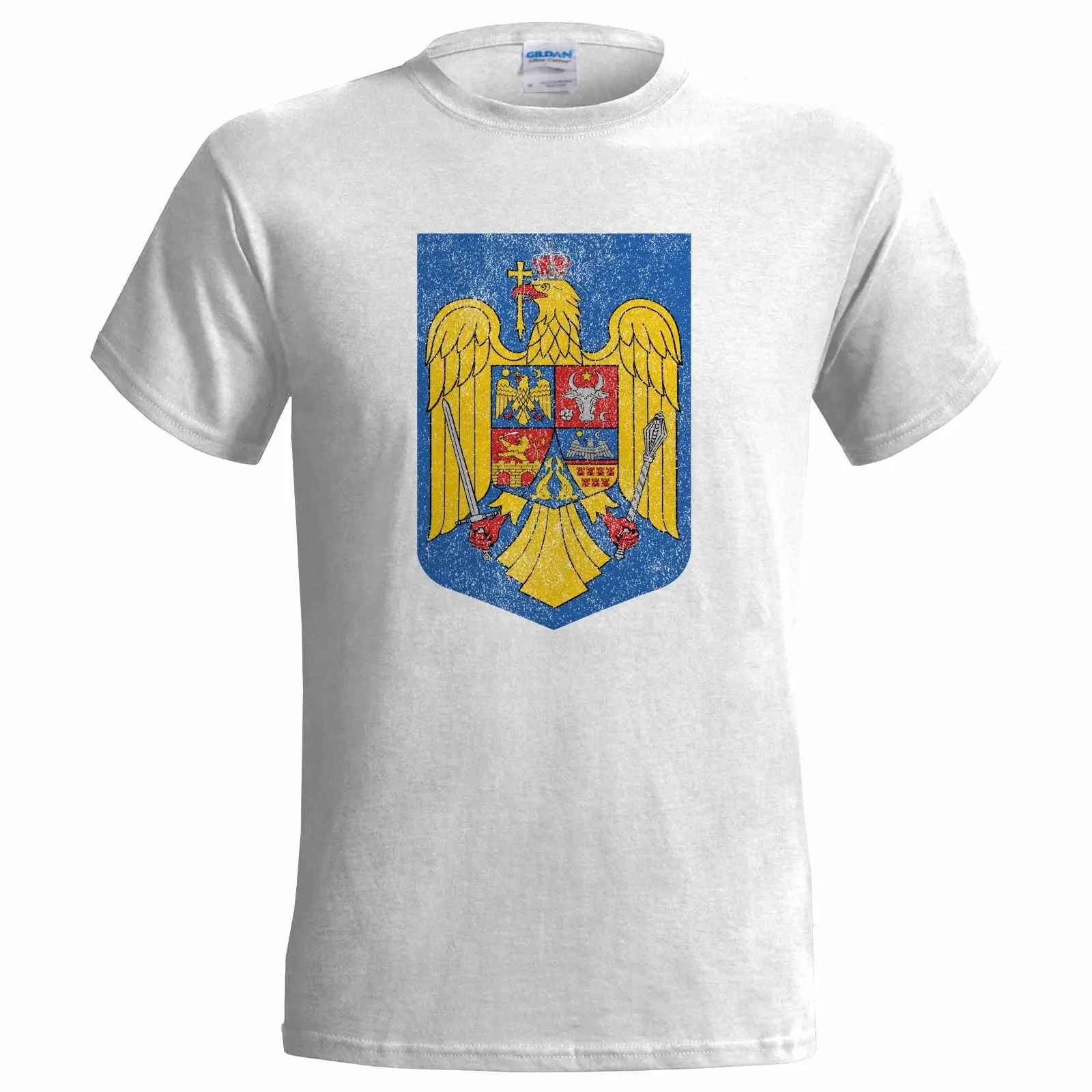 

ROMANIA COAT OF ARMS DISTRESSED LOOK MENS T SHIRT EMBLEM ROMANIAN AQUILA FLAG