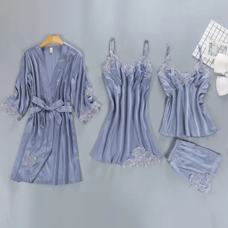 4 шт. для женщин пижамы атласные Pijama шелковые шорты Домашняя одежда халат комплект сна платье сна Lounge Пижама с нагрудники 984