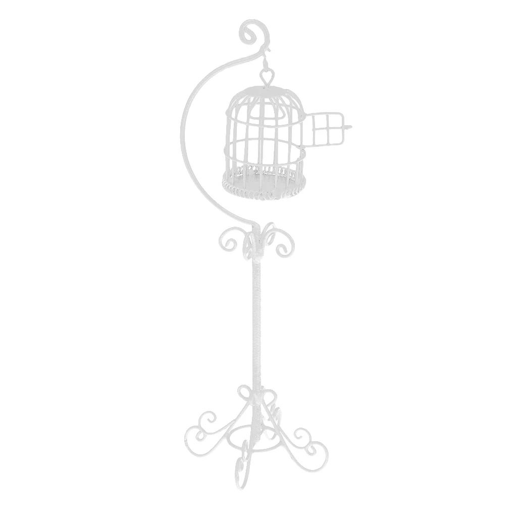  1:12 Scale Vintage Metal Bird Cage with Holder Stand Dollhouse Miniature for 12th Dolls House Decoration Accessories