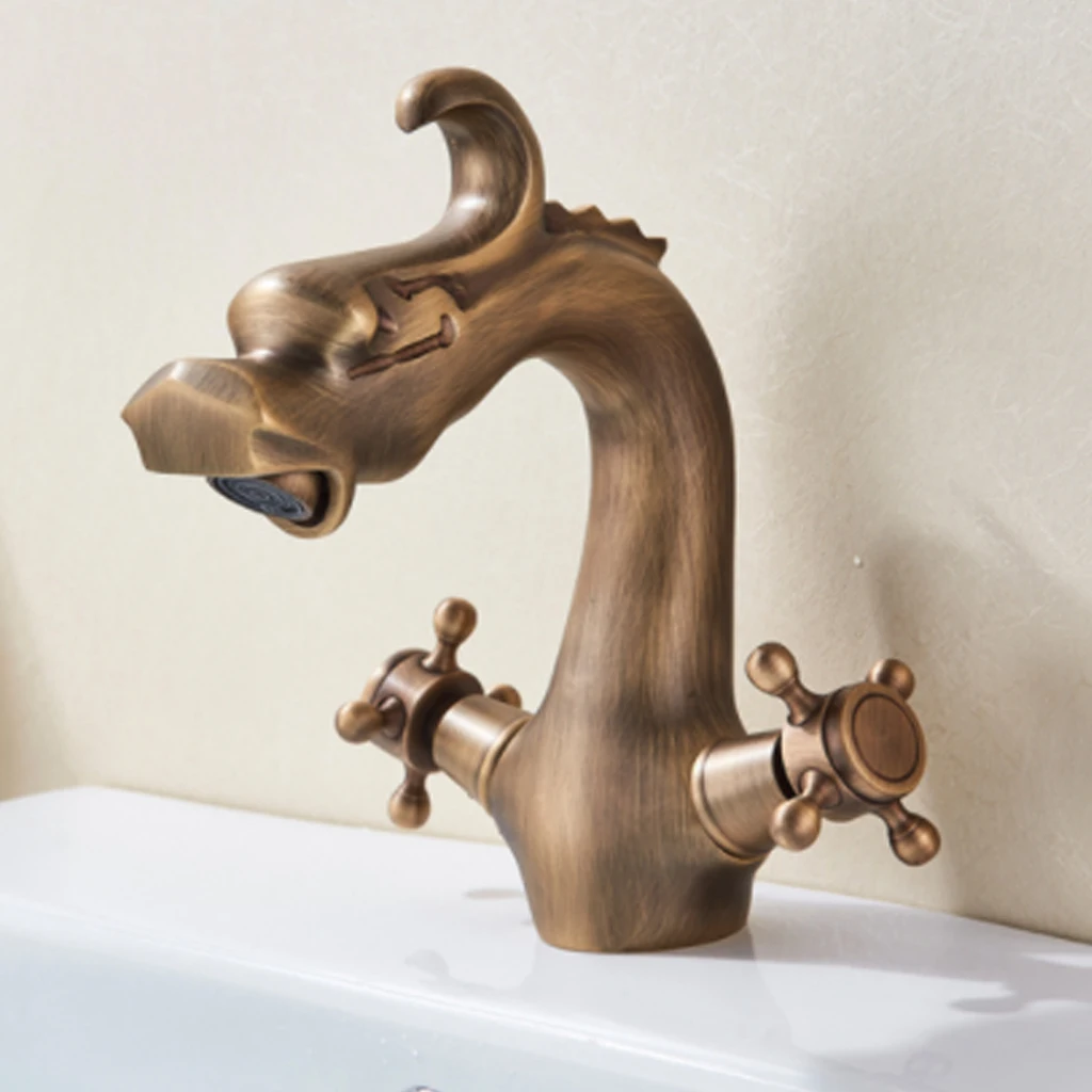 Античный латунный кран для ванной комнаты с двойной ручкой китайский дракон умывальник для туалета смесители на бортике одно отверстие водопад раковина
