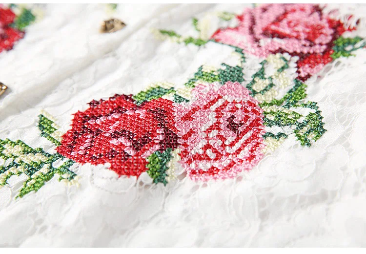 Ruffle Cuff Flower Embroidery White Lace Shirt Blouse Women (3)
