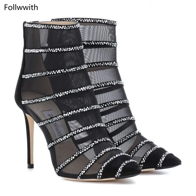 Sexy Bout Cheville Haut Mesh Bottes Chaussons Pic De Noir Stylet En Pointu Talons Suede As Chaussure Femmes Sandales Gladiateur Cage Cristal Orné rOqrPwCx