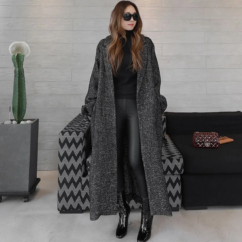 HSA Women Wool Coat 2018 Winter X-Long Black Jackets and Coat Herringbone pattern Overcoats Single Button Warm Wool Coat