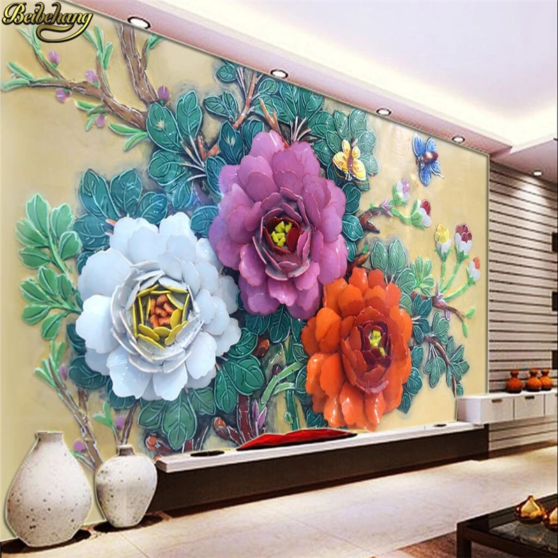 

beibehang Embossed peony flowers blooming fresco frescoes TV wall frescoes cafe halls custom personalized wallpaper