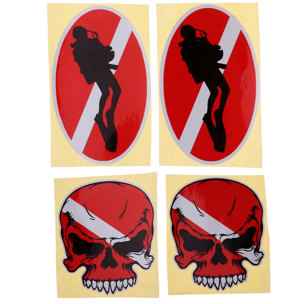 Perfeclan 4Pcs Scuba Diving Skull Diver Down Sticker Decal Swimming Fin Flippers Sticker for Kayak Car Truck Bumper 