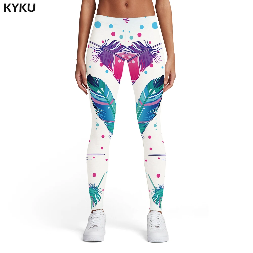 

KYKU Brand Feather Leggings Women Graffiti 3d Print Colorful Ladies Art Sport Ink Printed pants Womens Leggings Pants Fitness