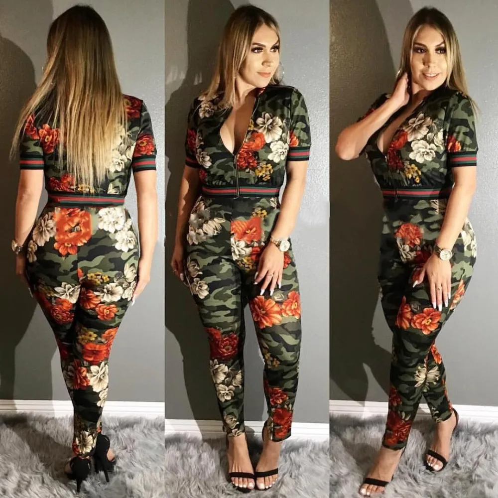 Summer Casual 2 Piece Matching Set Women Front Zipper Short Sleeve Tops And Floral Print Skinny