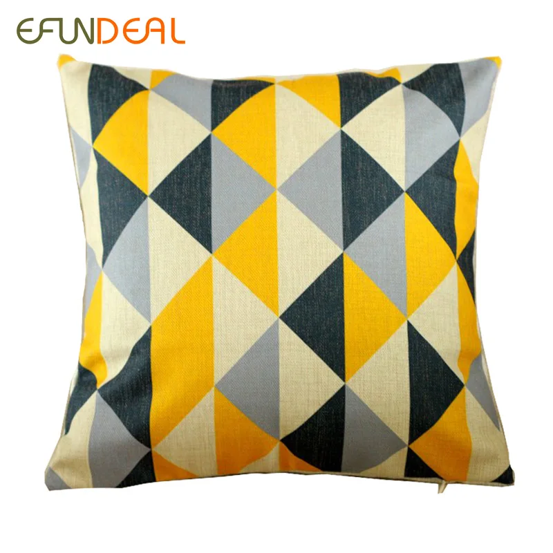 Vintage Cotton Linen Cushion Cover Pillow Case Yellow Grey Triangle