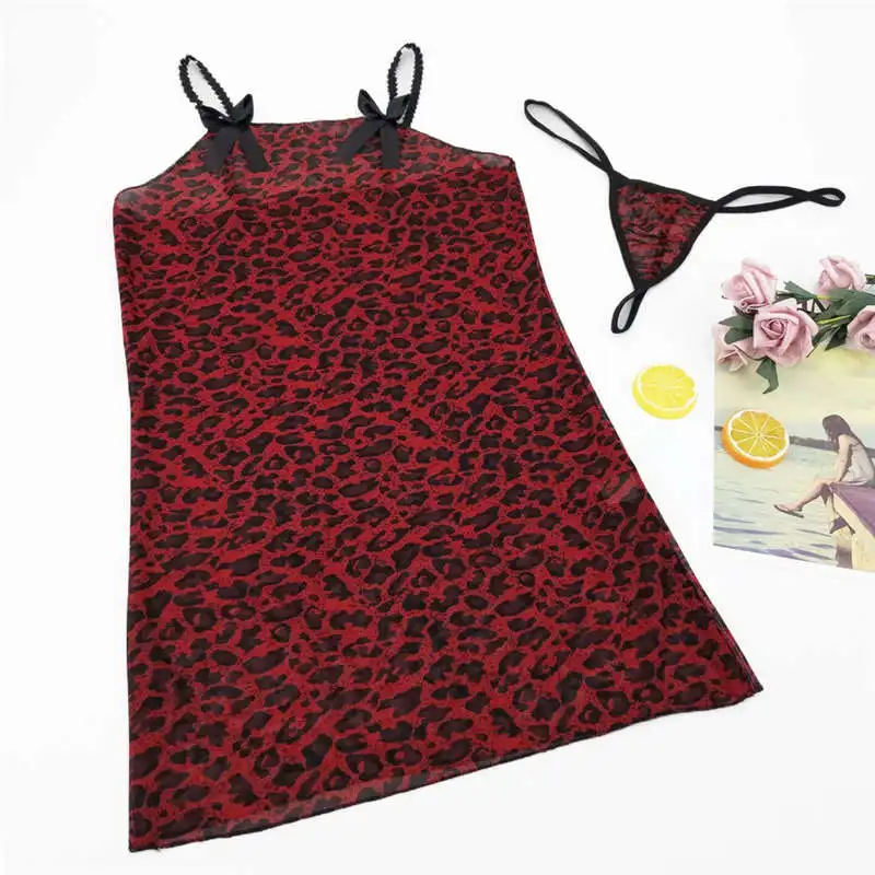 Женское сексуальное ночное платье с леопардовым принтом, ночная рубашка без рукавов, ночная рубашка, мини-платье+ стринги, ночная рубашка, кружевное ночное белье