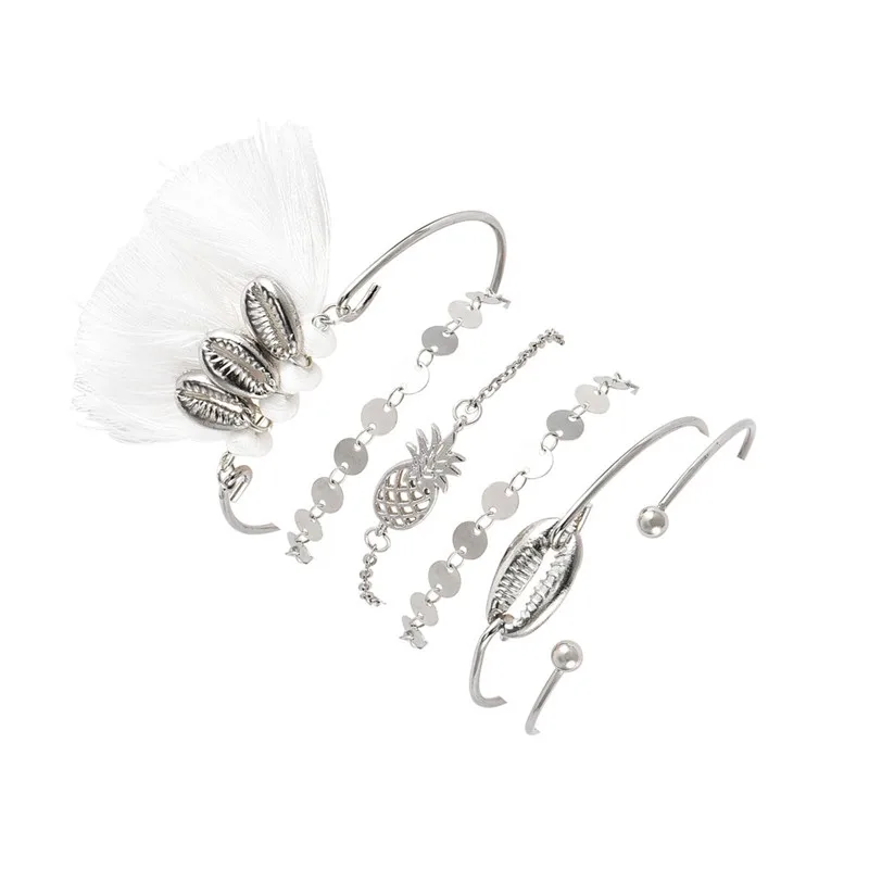 6 Pcs/Set Bohemian Silver Shell Pineapple Sequins Tassel Pendant Bracelets For Women Beach Party Bracelet Set Jewelry Gifts