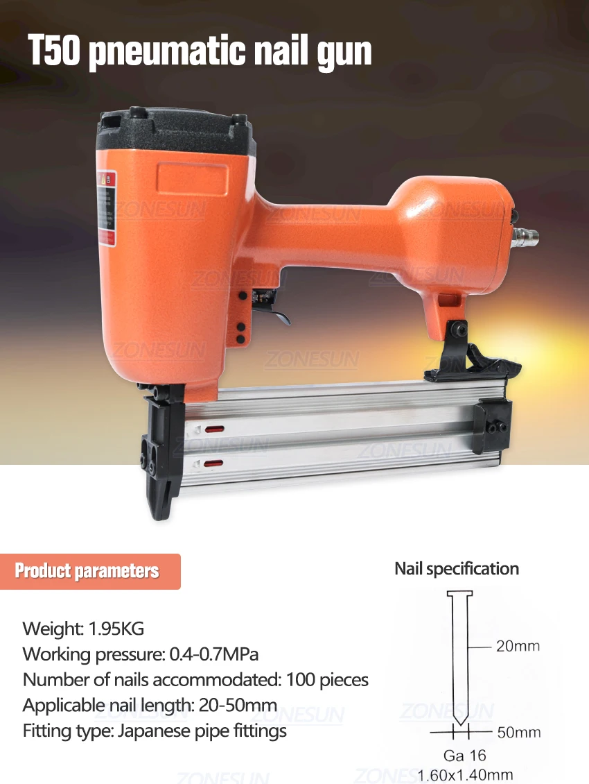 ZONESUN T50 пневматический степлер-пистолет для ногтей сшивная машина для обработка древесины для мебели столярные украшения Carpenter50mm
