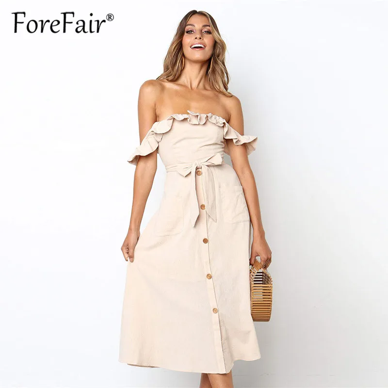Forefair 2019 летнее пляжное платье элегантные женские миди платья с открытыми плечами