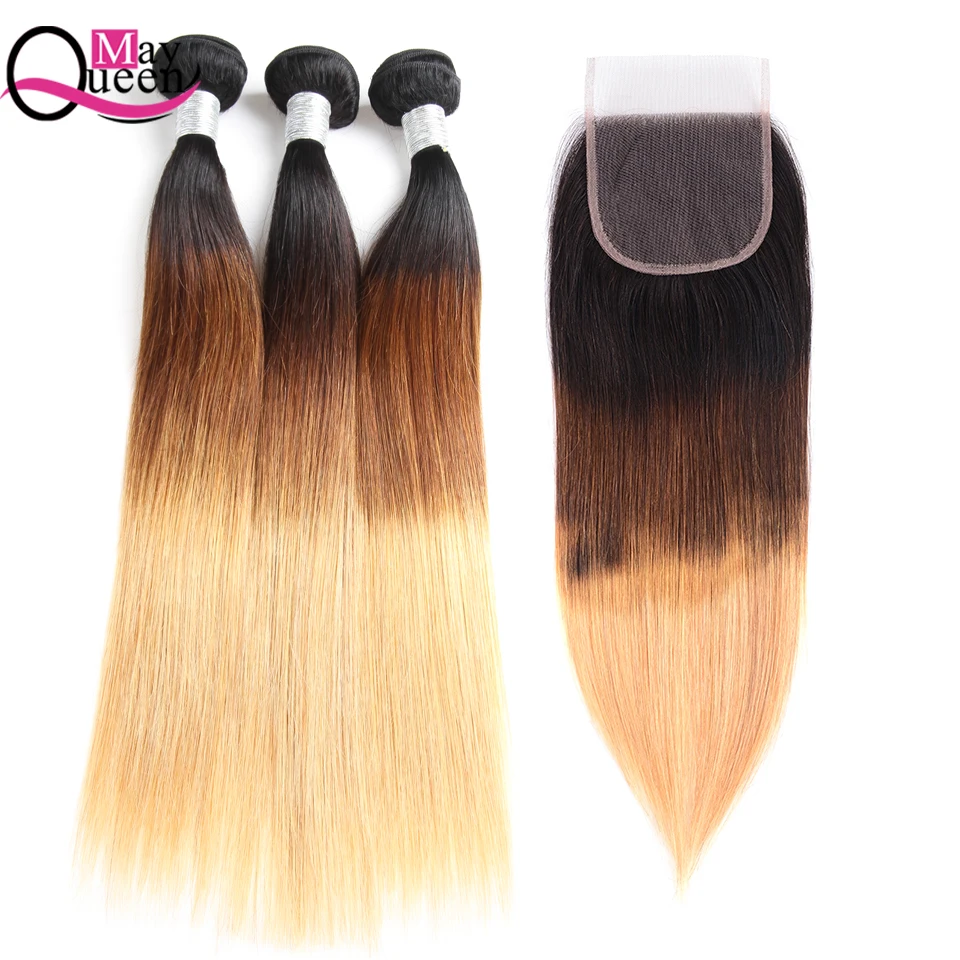 

May Queen 1b 4 27 Silky Straight Bundles Human Hair 3 Bundles With Closure Remy Ombre Brazilian Hair Weave Bundles With Closure