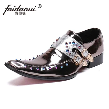 

Plus Size Luxury Pointed Toe Man Wedding Party Loafers Italian Style Patent Leather Men's Monk Straps Banquet Punk Shoes SL235