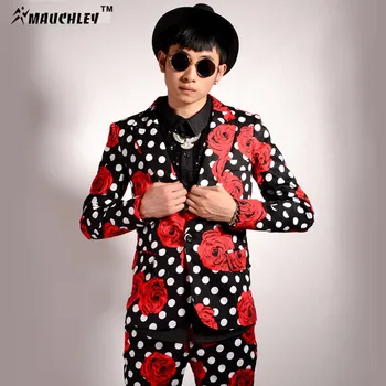 

2016 Fashion Mens Flower Blazer Floral Jacket Polka Dot Blazer Prom Party Dress Club M-3XL Mens Outfits Slim Fit Fancy Blaser