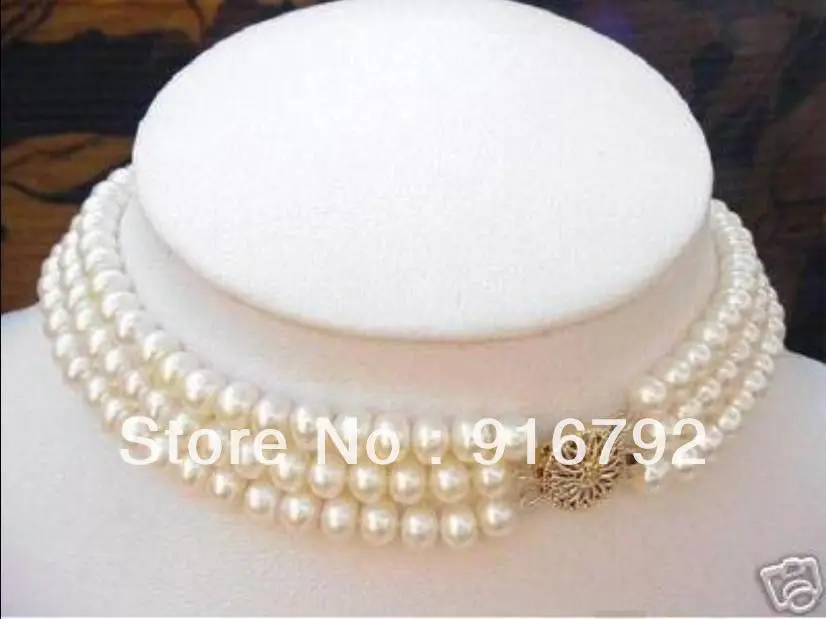 

free shipping 3 ROWS 7-8MM White Akoya Cultured Pearl Choker Necklace