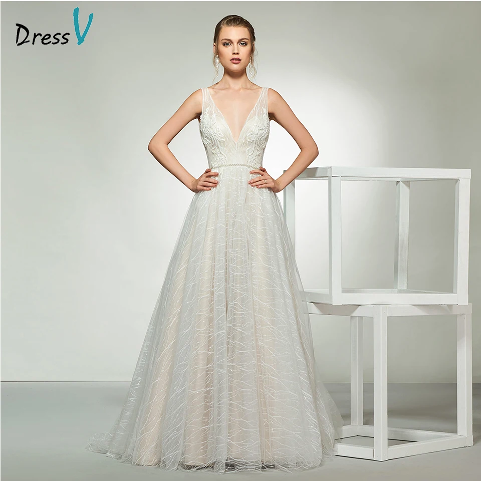 Элегантное свадебное платье Dressv из тюля с v образным вырезом без рукавов Кружевное трапециевидное в пол