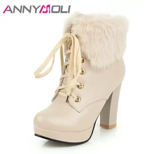 ANNYMOLI/ботильоны женские ботинки зимние меховые полусапожки на очень высоком каблуке обувь на платформе со шнуровкой и блочным каблуком женская обувь розового цвета, большие размеры 43