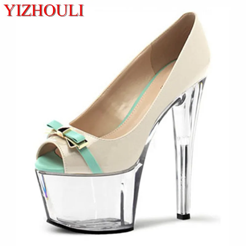 

Super high heel 17 cm, female, sexy stiletto waterproof platform fish mouth shoes, bow decoration,Dance Shoes