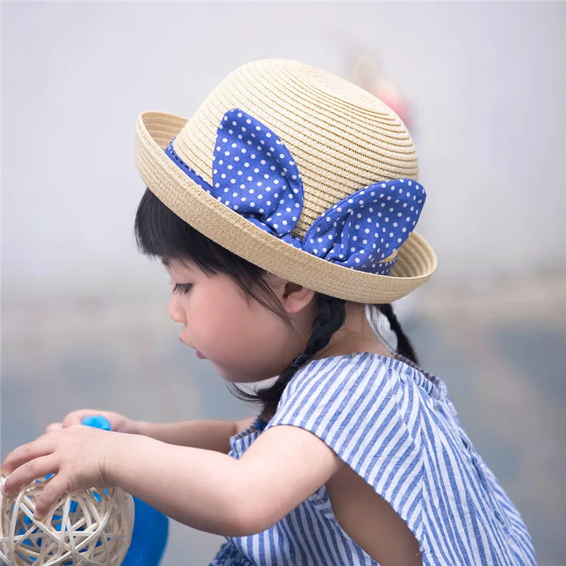 أزياء الكرتون لطيف آذان أرنب قبعات من القش طفل قبعات للحماية من الشمس للبنات قبعة بحافة الأطفال شمس الصيف كاب أطفال شاطئ بنما قبعات