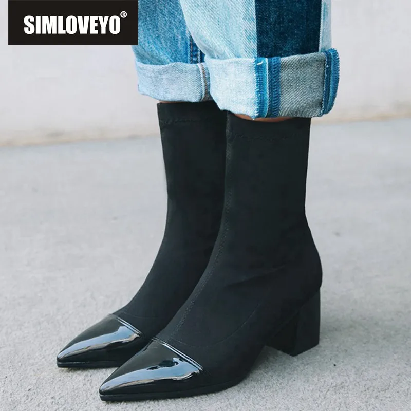 

SIMLOVEYO 2019 Sock Boots Slim Patchwork Mid Thick Heel Slip on Pointed toe Stretch Fabric Ankle boots for women US12 B812