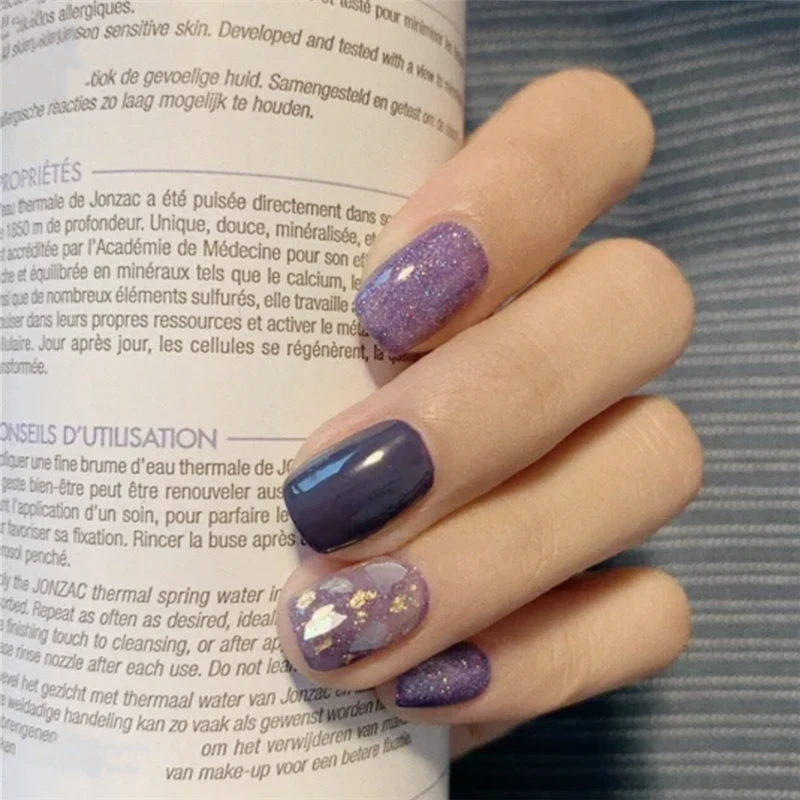 Новые блестящие фиолетовые оболочки шаблон поддельные ногти летние милые короткие размеры накладные ногти невесты накладные ногти 24 шт Французский