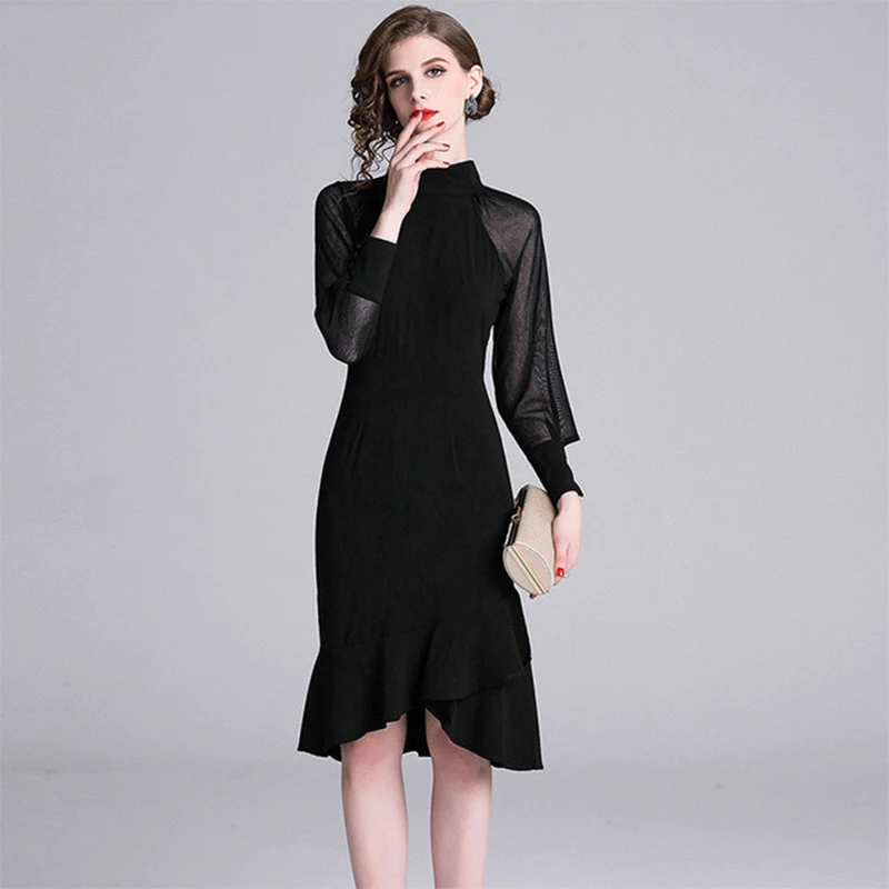 

ARiby Summer Women Dress Fashion Vestidos Black Elegant Temperament translucent Knee-Length Ruffles Solid Party Dress