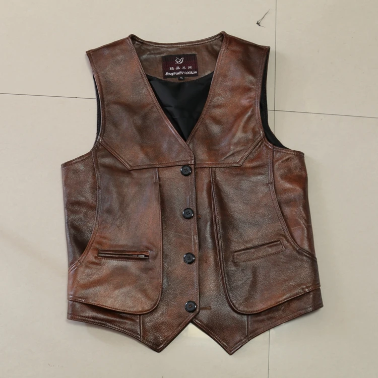 

Mens Slim Fit Real Brown Cow Genuine Leather Waistcoat Bikers Vest Size L-8XL